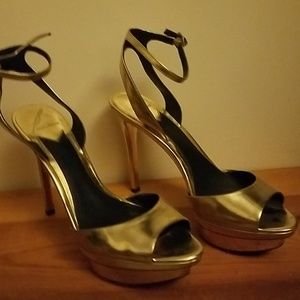 Brian Atwood Gold Leather Platform Stileto Sandals